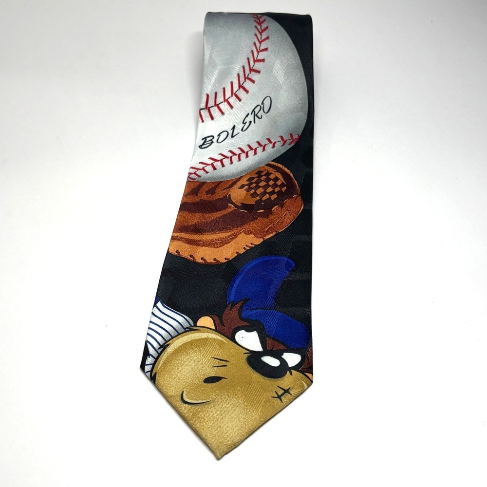 Looney Tunes Necktie Mens OS Black 1996 Taz Baseball Novelty Tie Vtg 90's Retro